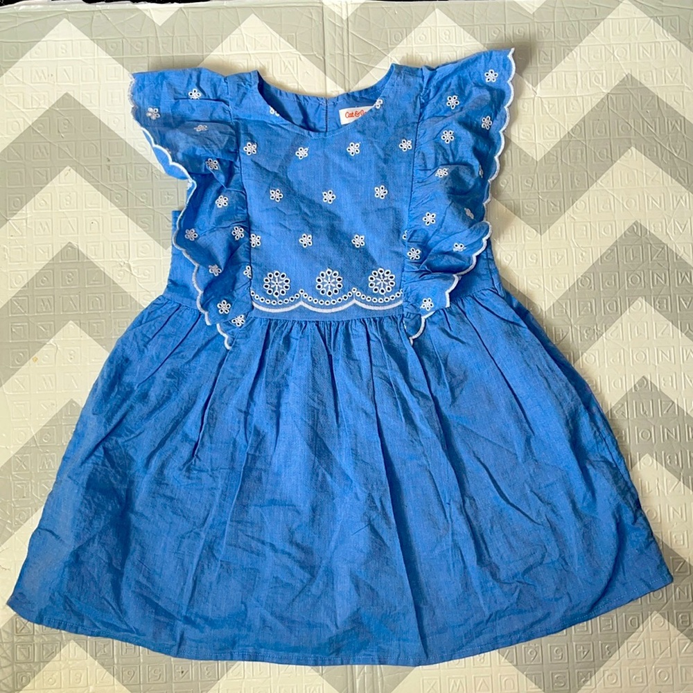 Girls size 5T blue denim color dress with ruffles